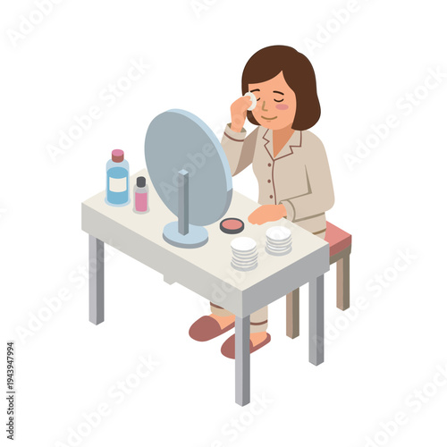 Woman applies makeup while sitting at a table with a mirror and various products.