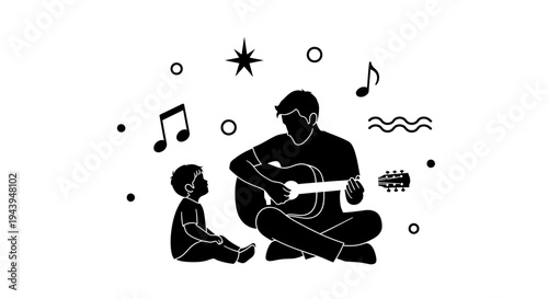 Man playing guitar with young boy.