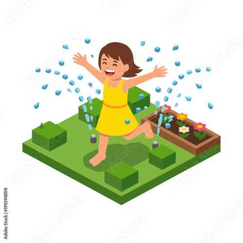 A young girl happily dances in the rain on a green lawn with flowers.