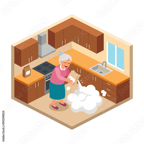 Elderly woman cleaning kitchen with soap and sponge indoors