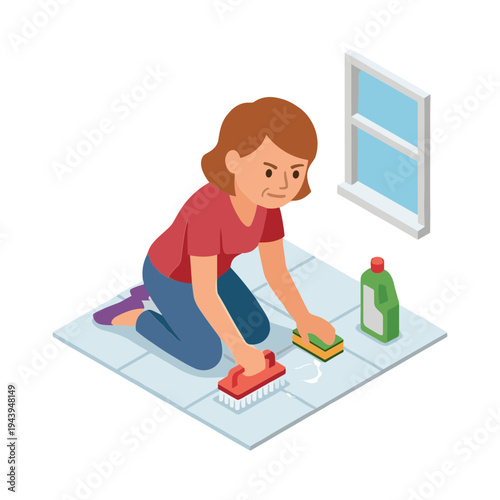 Woman cleaning floor with brush and sponge near window