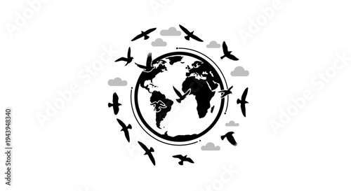 Black and white earth globe illustration.