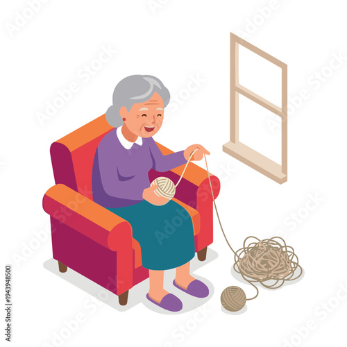 An elderly woman sits on a red chair knitting with yarn near a window.