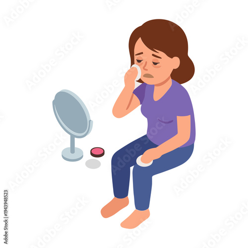 Woman crying while removing makeup in front of a mirror indoors