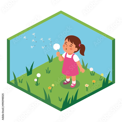 A little girl blows dandelion seeds in a green field with flowers.