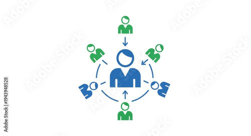 Organizational structure with a central figure and surrounding individuals.