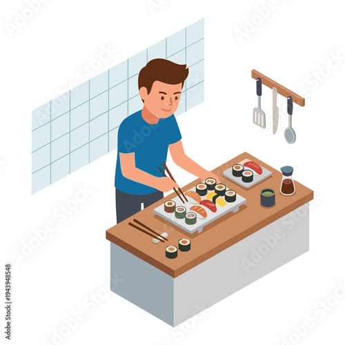 A man prepares sushi with chopsticks on a kitchen counter indoors.