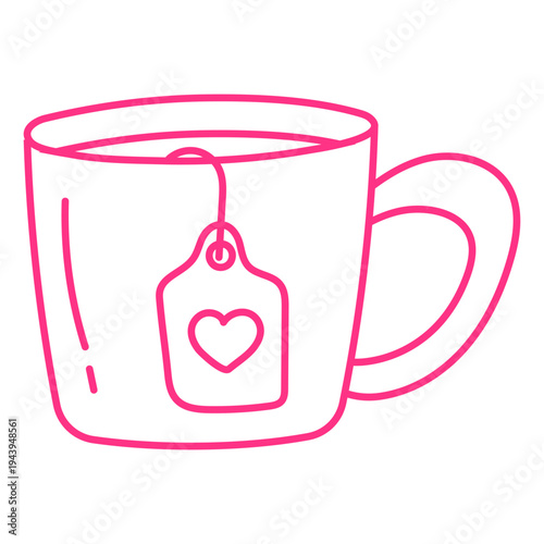 A heart-shaped tea infuser sits in a mug filled with warm liquid on a table indoors.