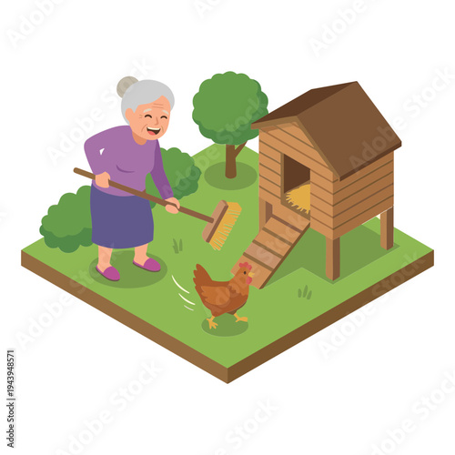 Elderly woman cleaning around a wooden chicken coop with a broom.