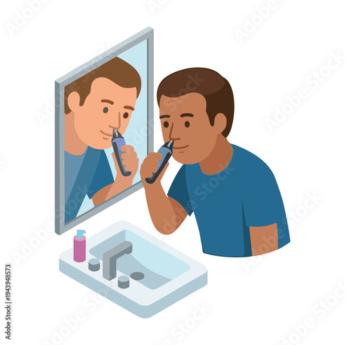 Man brushing teeth in front of bathroom mirror with sink