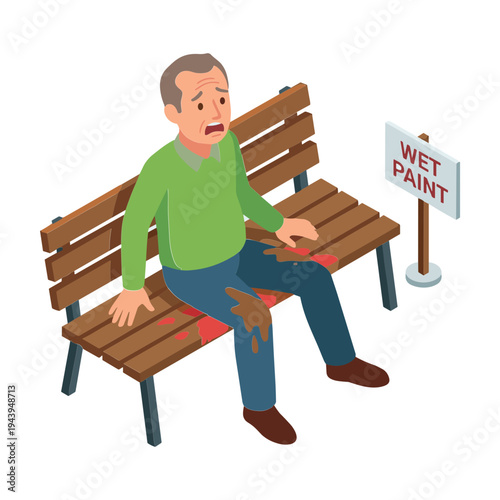 Man sits on bench with wet paint accident