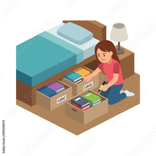 Woman packing books into boxes under bed in a bedroom
