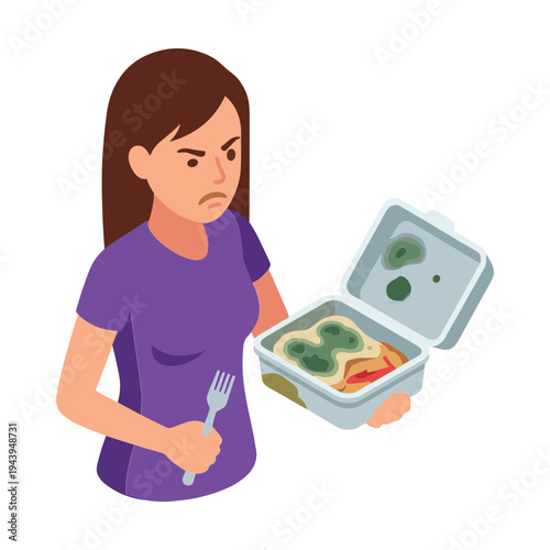 Woman looks at unhealthy food with fork in hand