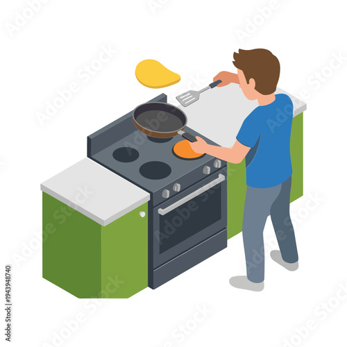 A man cooking pancakes on a stove in a kitchen with green cabinets