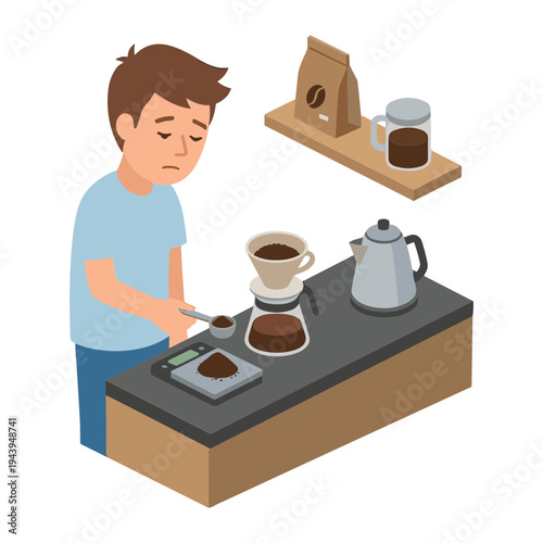 Man grinds coffee beans on a table with a kettle and cups nearby indoors.