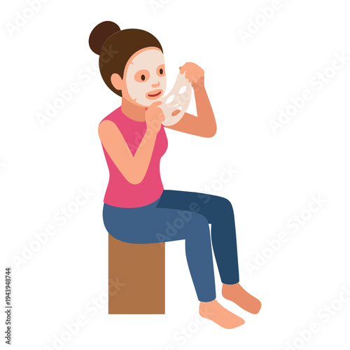 Woman sits on block applying face mask with tissue in hand