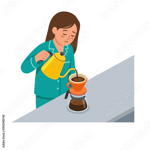 A woman pours coffee from a yellow kettle into a drip brewer on a table.