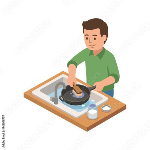Man washing a frying pan in a kitchen sink with cleaning supplies