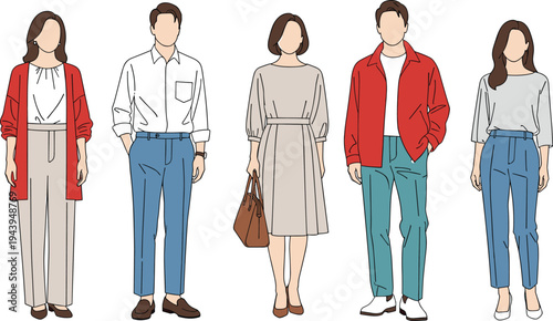 Modern diverse group in casual chic outfits, vector fashion illustration, cardigans, shirts, dresses, bomber jackets, wide pants, stylish everyday office wear