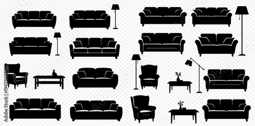 Collection of black silhouettes of various sofas, armchairs, and floor lamps on a transparent background, depicting modern and classic furniture for home interiors.