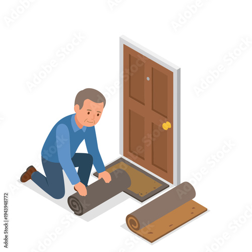 Man installing new flooring material inside a house near the entrance door