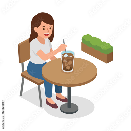 Woman sits at table eating from drink with straw and box of food nearby.
