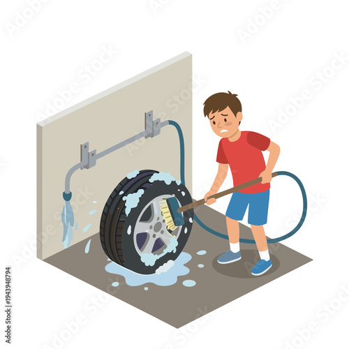 A boy washes a car tire with a hose outside on a gray surface.