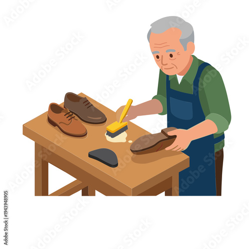 An older man meticulously works on a shoe at his wooden workbench