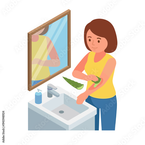 A woman stands in front of a bathroom sink holding a leafy green vegetable while looking at her reflection in the mirror.