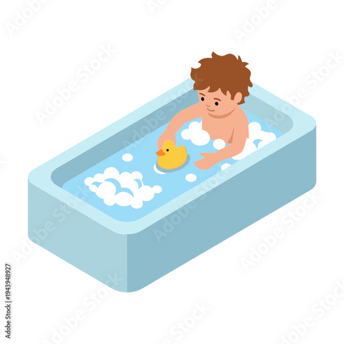 A child plays with a rubber duck in a bathtub filled with water and soap bubbles.