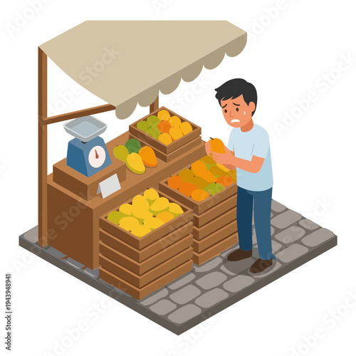 Man buying fresh fruit at outdoor market stall with colorful produce
