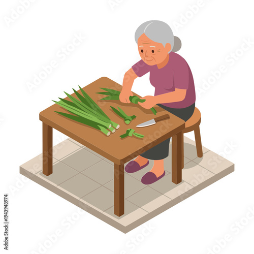 Elderly woman sitting at a table cutting green onions with a knife.