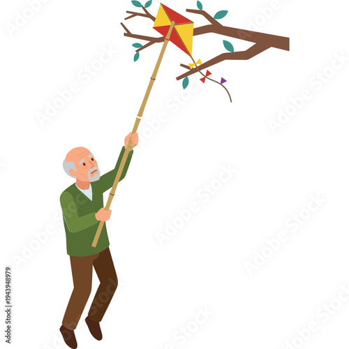 Man tries to fly a kite caught in a tree branch outdoors