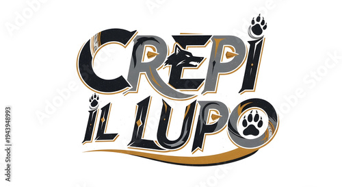 Stylized typographic design of the Italian phrase with wolf head and paw print elements