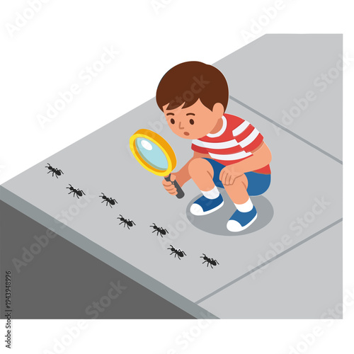 A boy examines ants with a magnifying glass on the sidewalk outside.
