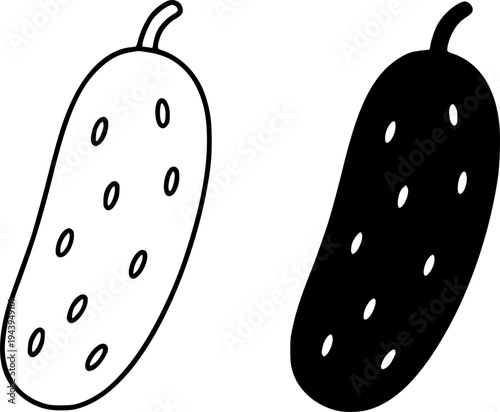 Cucumber illustration icon, outline and silhouette, for vegetable theme design