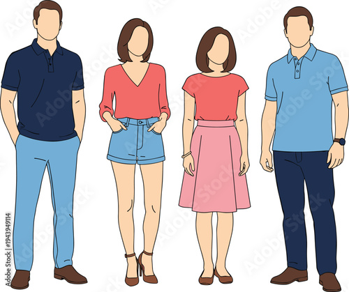 Modern diverse group in colorful casual outfits, vector fashion illustration, polos, blouses, skirts, trousers, trendy everyday smart casual collection