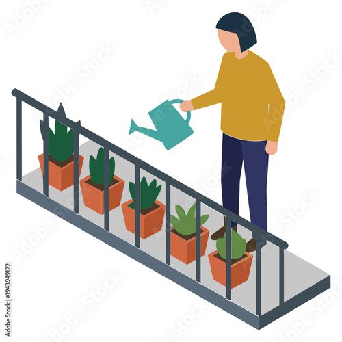 A woman waters plants on a balcony railing with a watering can.