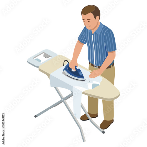 Man ironing clothes on an ironing board in a domestic setting indoors