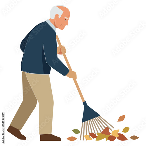 An elderly man is raking leaves on a lawn with a rake.