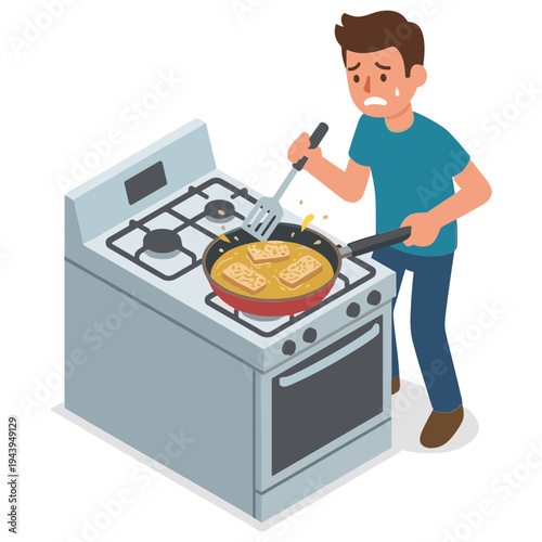 Man cooking pancakes on stove with frying pan and spatula in kitchen