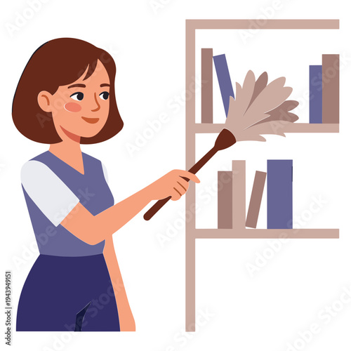 A woman is cleaning a bookshelf with a duster in her home.
