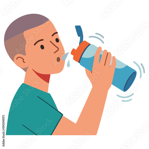 Man drinking from a blue water bottle quickly outdoor