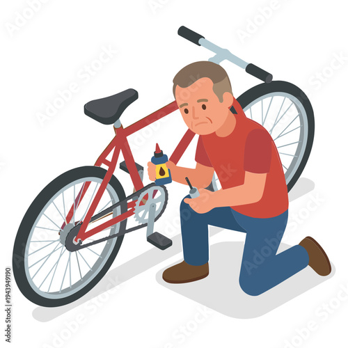 Man repairing bicycle with tools outdoors in daytime actively