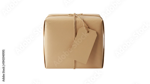 Brown paper wrapped gift box with tag