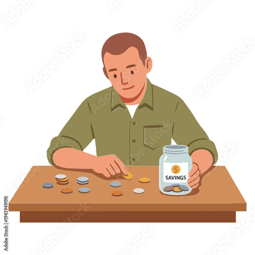 Man putting coins into savings jar on wooden table indoors