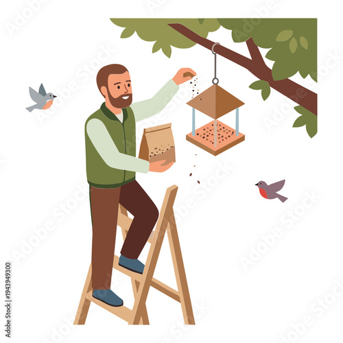 Man refilling bird feeder on ladder under tree with birds flying