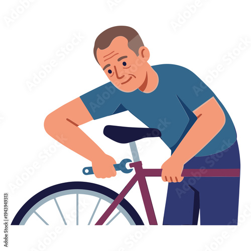 Man repairing bicycle with tool in hands outdoors