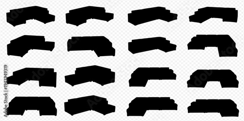 Abstract black shapes resembling cars and trucks in a grid pattern, pixelated digital art.