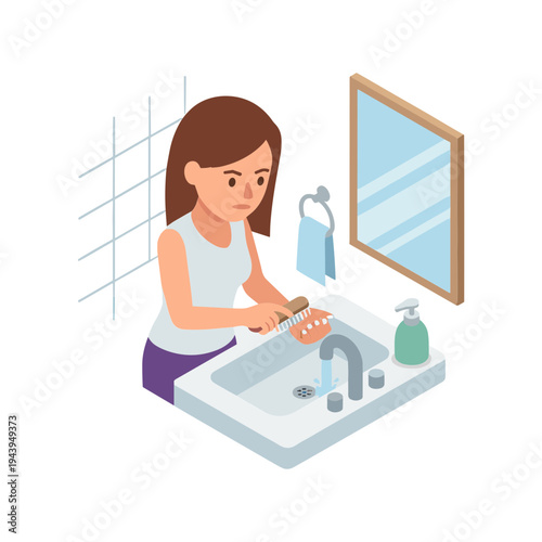 A woman thoroughly washes her hands with soap at a sink in a bathroom.